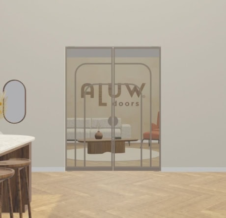 Modern stalen taatsdeuren units with glass and the Aluwdoors logo, perfect for stylish interiors and partition walls.