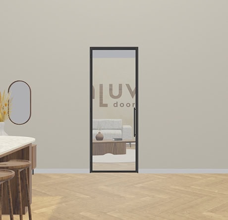 Modern steel interior door with glass, perfect for stylish interior doors, pictured in a minimalist interior setting with a light wall and wooden floor.