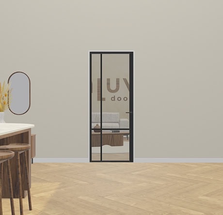 A sleek, modern steel interior door with glass panels, perfect for a stylish and functional layout in the home.