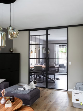 Stalen afscheidingsdeur met zwart metalen frame en glazen panelen, perfect voor moderne interieurs en creatieve woonoplossingen.