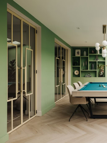 Hoogwaardige stalen schuifdeuren en wanden op maat in een modern interieur met groene muren en decoratieve schappen, perfect voor stijlvolle woonruimtes.