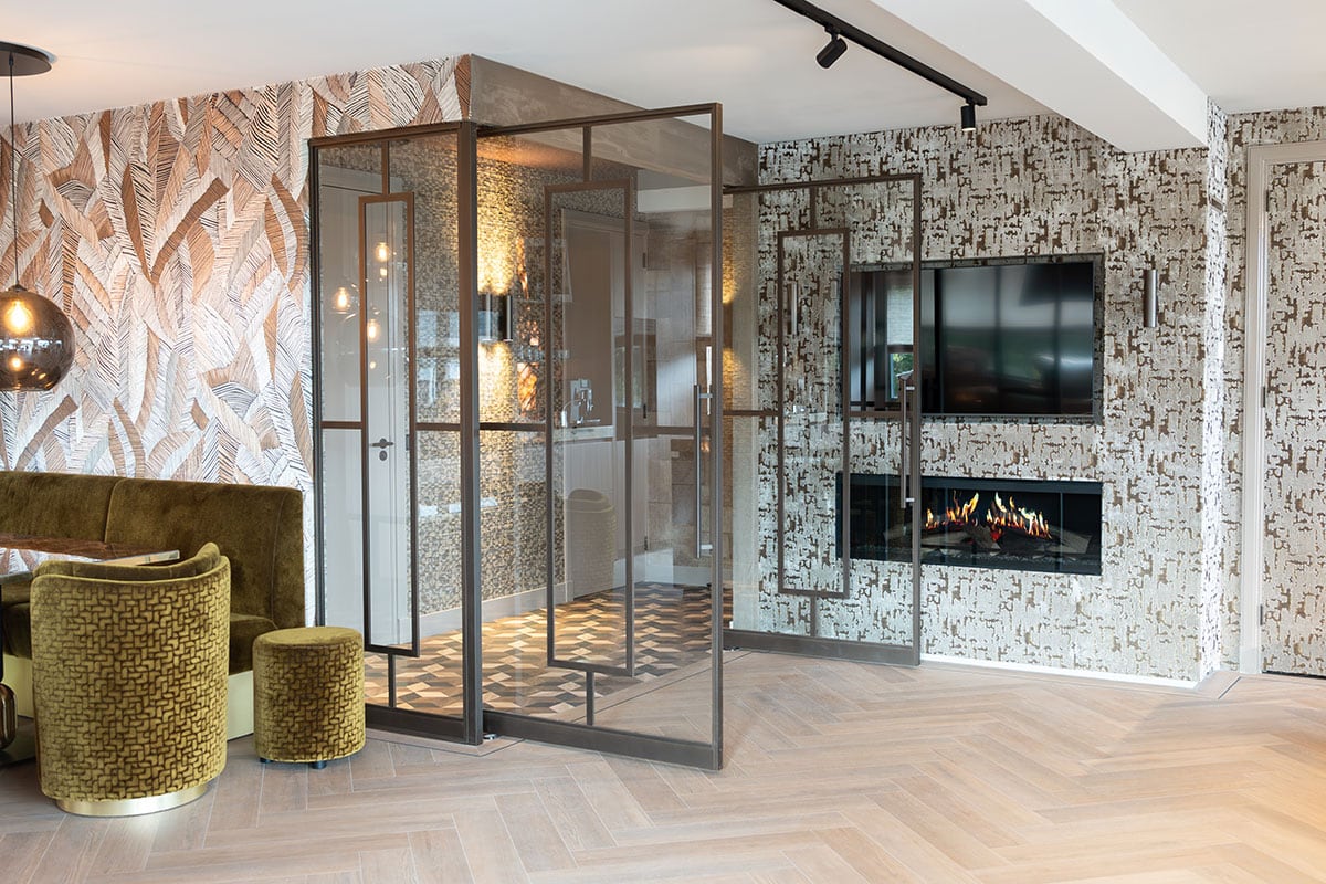 Brown steel doors at the entrance