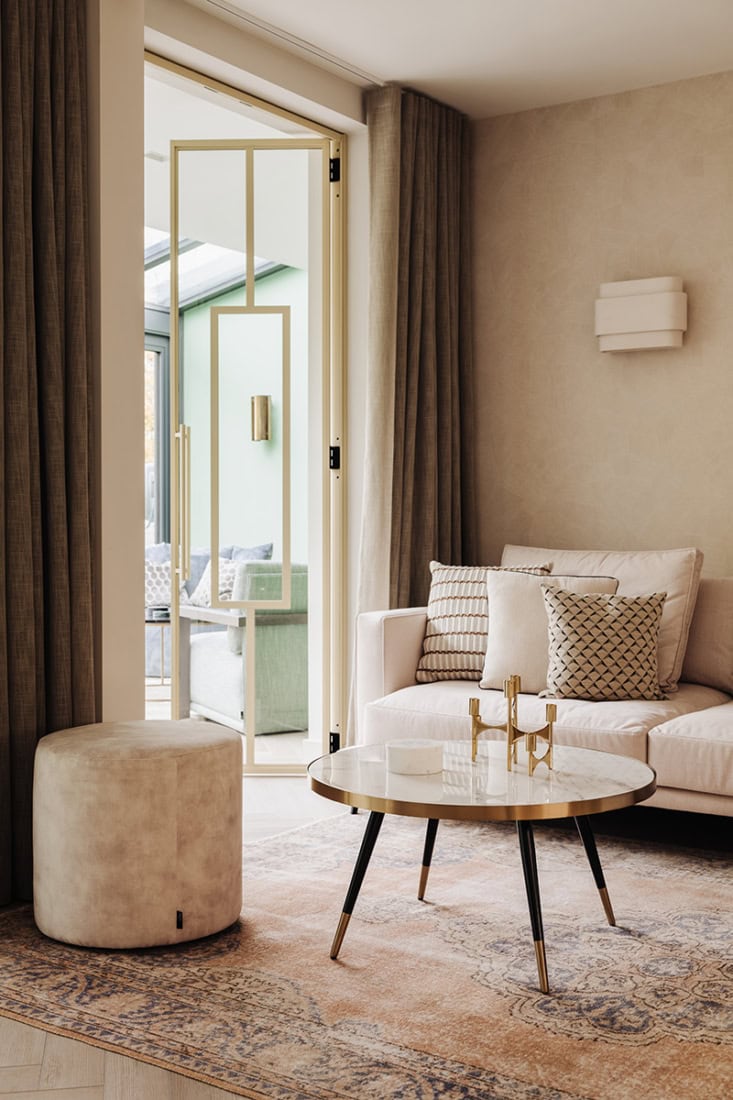 Modern steel double-hinged doors with glass panels giving access to a bright living room.