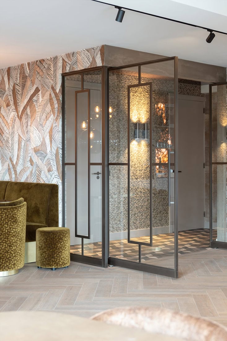 Brown steel doors at the entrance