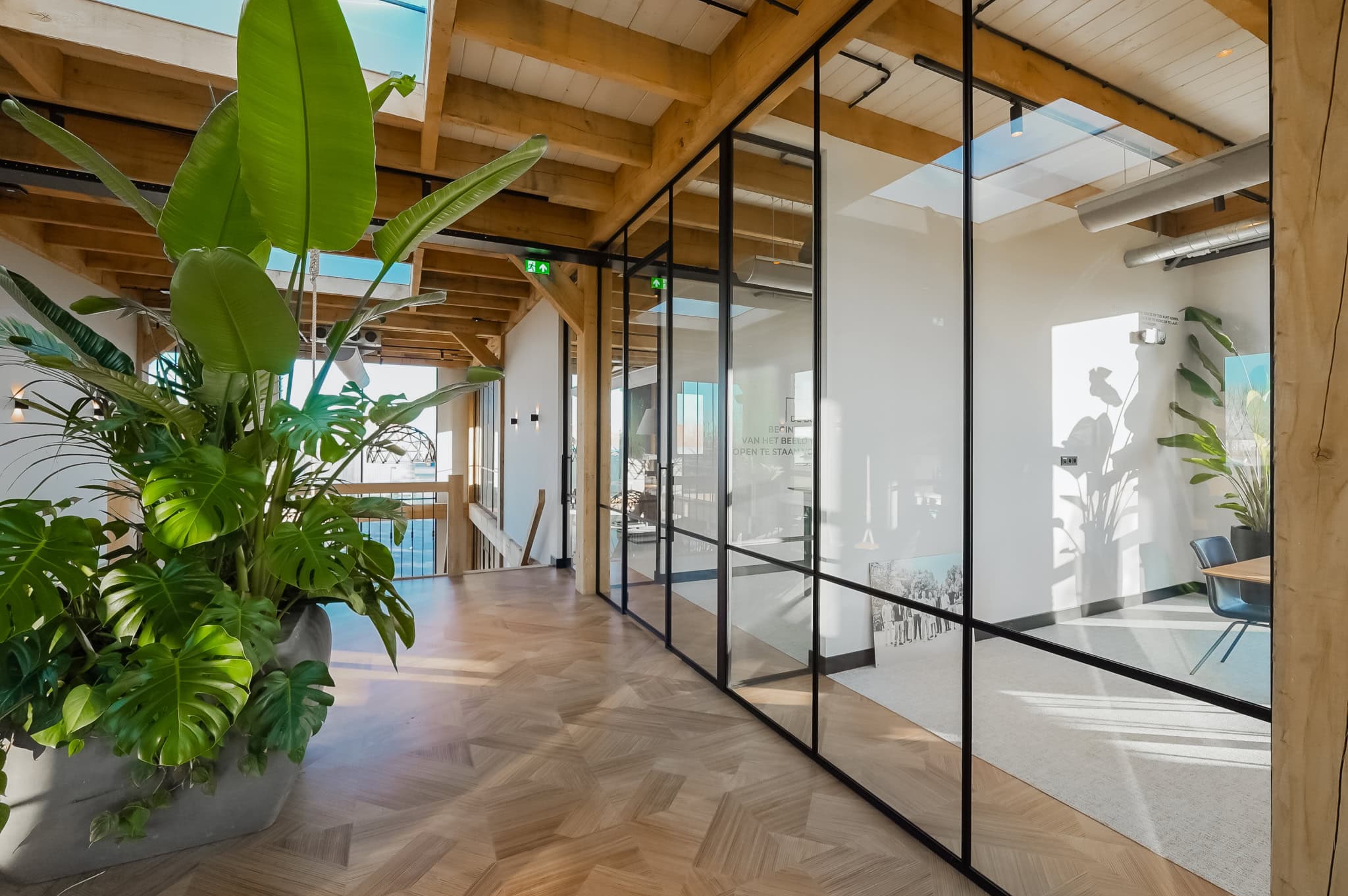 Strakke kantoorwanden, je krijgt een ruimtelijk effect hiervan.