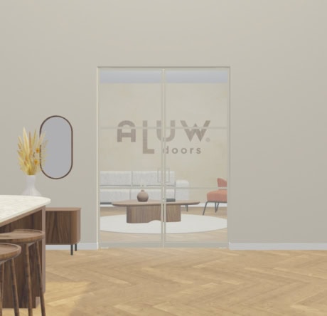 Elegante glazen stalen deur met Aluwdoors-logo, perfect voor moderne interieurs en scheiding van ruimtes.