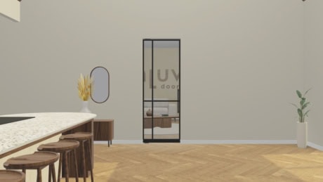 Strakke stalen deur met glazen panelen in een modern interieur, perfect voor op maat gemaakte stalen deuren en wanden, passend bij hoogwaardige afwerking en design.