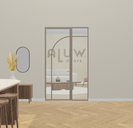 Moderne stalen schuifdeur met glas en het Aluwdoors-logo, ideaal voor stijlvolle interieurs en op maat gemaakte wanden.