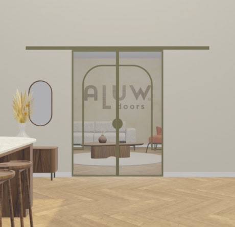 Moderne stalen schuifdeur met glazen panelen, perfect voor stijlvolle interieurs en scheiding van ruimtes, op maat gemaakt door Aluwdoors.