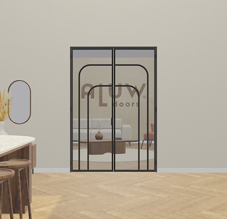 Moderne beige stalen schuifdeur met glazen panelen, perfect voor het scheiden van ruimtes en het toevoegen van een industriële uitstraling aan interieur.