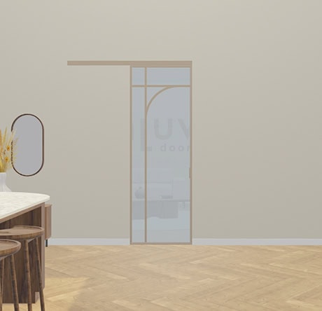 Moderne beige stalen deur met glazen panelen, perfect voor strakke interieurafwerking en scheiding van ruimtes. Op maat gemaakt door Aluwdoors voor een stijlvolle uitstraling.