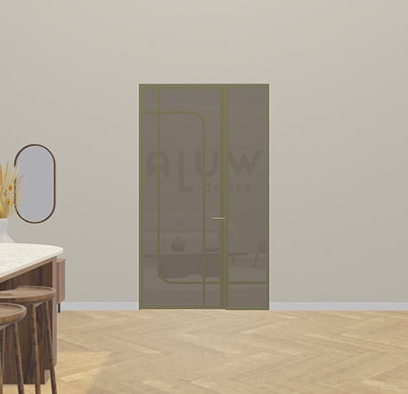 Elegante bronzen stalen deur met glazen panelen, perfect voor moderne interieurs en op maat gemaakte wanden, zoals getoond in de afbeelding.