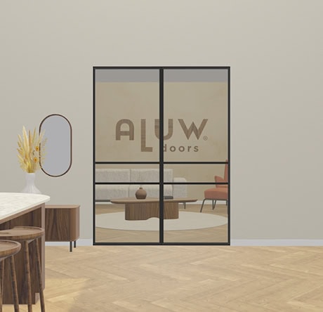 Moderne bronzen stalen deur met glas en zwart frame, perfect voor stijlvolle interieurs, op maat gemaakt door Aluwdoors.