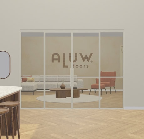 Bronzen stalen deur met glazen panelen, op maat gemaakte scheidingswand voor een moderne en elegante uitstraling in huis. Perfect voor het creëren van een open en stijlvolle ruimte.