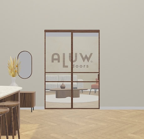 Moderne stalen schuifdeur in bruin met glas, perfect voor een stijlvolle indeling en privacy in huis, passend bij de collectie van Aluwdoors.