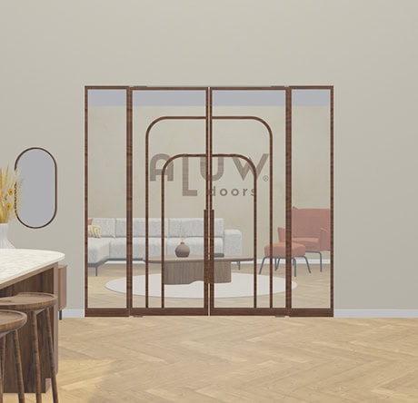 Bruine stalen deuren met glas en decoratief ontwerp, perfect voor een moderne scheiding tussen kamers. Hoogwaardige afwerking en maatwerk voor een stijlvolle uitstraling.