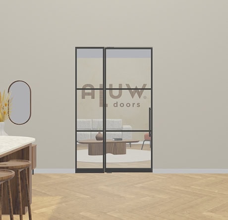 Moderne stalen deur met glazen panelen, perfect voor het scheiden van ruimtes met een stijlvolle en strakke uitstraling. Ideaal voor binnen- en buitendeuren met glas.