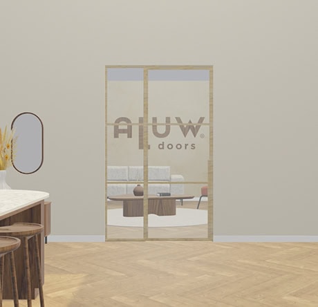Modern steel door with glass and the Aluwdoors logo, perfect for stylish and functional separation in an interior.
