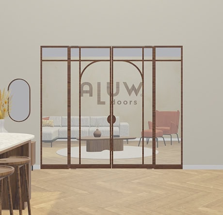 Modern steel partition with glass and veneer doors, ideal for creating a stylish and functional room layout in the home or office.