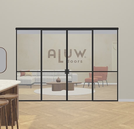 A stylish metal sliding door with black metal frame and glass panels, perfect for separating spaces in a modern interior.