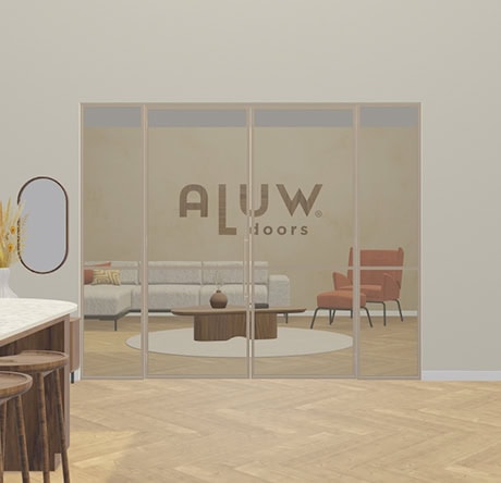 Moderne stalen scheidingswand met vier panelen en het Aluwdoors logo, geschikt voor het creëren van een stijlvolle en functionele ruimteverdeler in interieur.