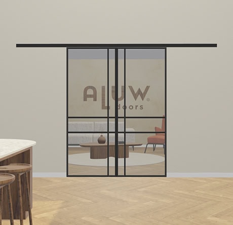 Modern steel door with glass panels for living room, designed by Aluwdoors, for a sleek and industrial look in the home.