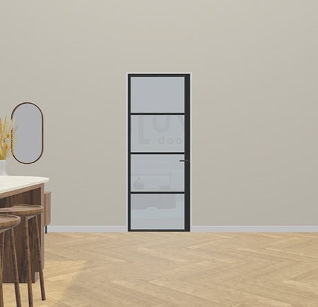 A modern steel door in the living room with black frame and glass panels, perfect for a sleek and industrial look.