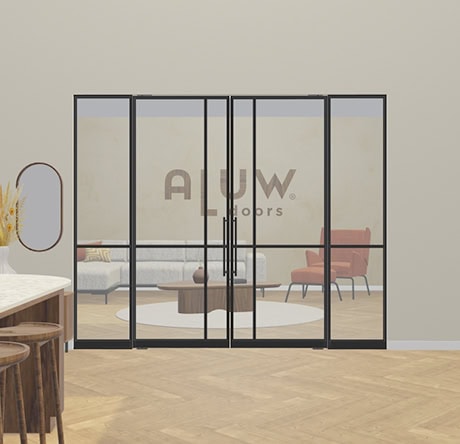 Steel wall with door made of high-quality steel, perfect for modern interiors. Bespoke partition wall with glass panels and double doors, ideal for office or living space.