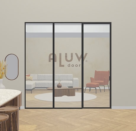 Glass partition with steel frame for interior space, modern and sleek design. Perfect for creating an open and bright layout in the home or office.