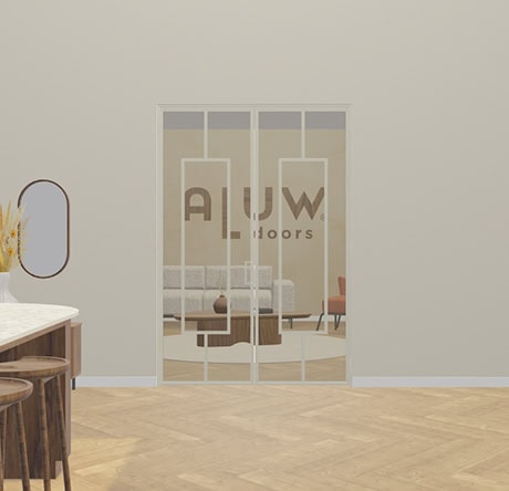 Modern steel sliding door with glass and Aluwdoors logo, perfect for a sleek and stylish home layout.