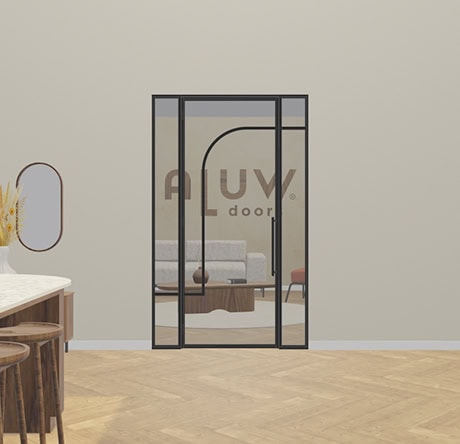 A stylish blunt interior door with black metal frame, perfect for modern interiors and bespoke steel doors and walls.
