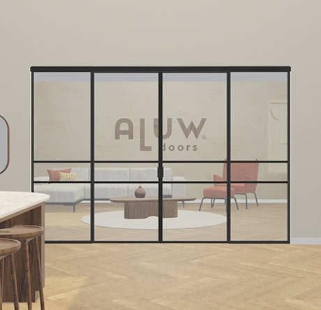 A modern black steel door with glass panels, ideal for separating spaces and adding an industrial look to your interior.