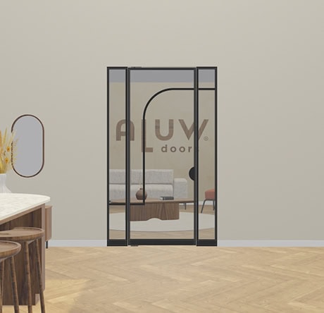 Black steel door with large glass panels, perfect for modern interiors and separation of spaces, matching the style of 'Black doors'.