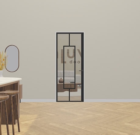 A stylish black steel door with glass, perfect for modern interiors and separation of spaces. Bespoke doors from Aluwdoors for a sleek look.